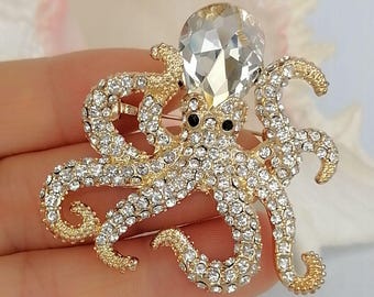 Rhinestone Crystal Animal Unique Octopus Brooch Pin Prom Costume Jewelry