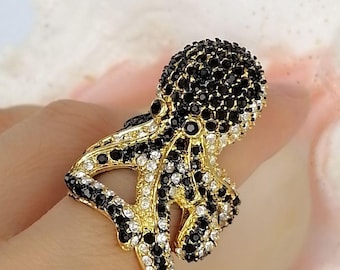 Schwarzer Strass-Kristall-Statement-Oktopus-Ring – Tierschmuck