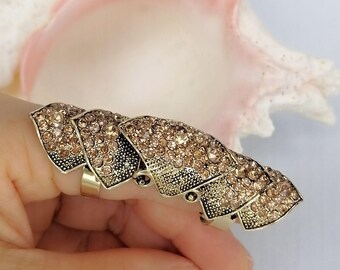 Antique Gold-Tone Segmented Armor Ring with Light Brown Rhinestones - Free-Size Statement Ring