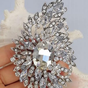 May include: A silver-toned brooch featuring a large central oval clear crystal surrounded by a cluster of smaller round and marquise-cut clear crystals arranged in a leaf-like pattern. The metal setting is intricate with a polished silver finish.