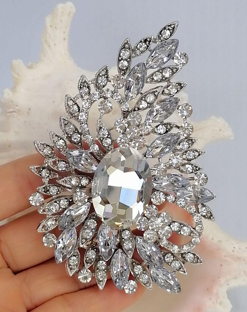 May include: A silver-toned brooch featuring a large central oval clear crystal surrounded by a cluster of smaller round and marquise-cut clear crystals arranged in a leaf-like pattern. The metal setting is intricate with a polished silver finish.