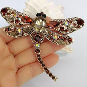 May include: A dragonfly brooch with a gold-tone metal frame, decorated with red, brown, and clear crystals. The dragonfly's body has a large, faceted amber crystal. The wings are embellished with smaller crystals.