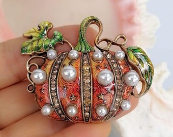 Enameled Harvest Pumpkin Brooch Pin with Pearls and Crystals