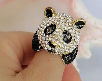 Schwarz und Weiß Strass Panda Ring Statement Schmuck