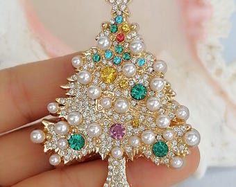 Jeweled Pearl and Crystal Christmas Tree Brooch Pin
