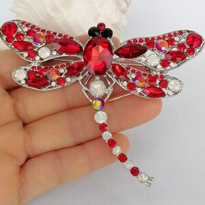 May include: A dragonfly brooch with a silver-tone metal frame. The wings are decorated with red and white gemstones, and the body features a large red gemstone. The dragonfly's head is accented with black gemstones.