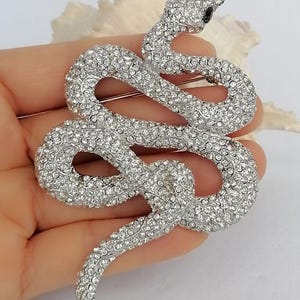 May include: A silver-coloured snake brooch, covered in clear crystals. The snake is coiled, with its head raised and a black accent for the eye. The brooch is designed to be worn as a fashion accessory.