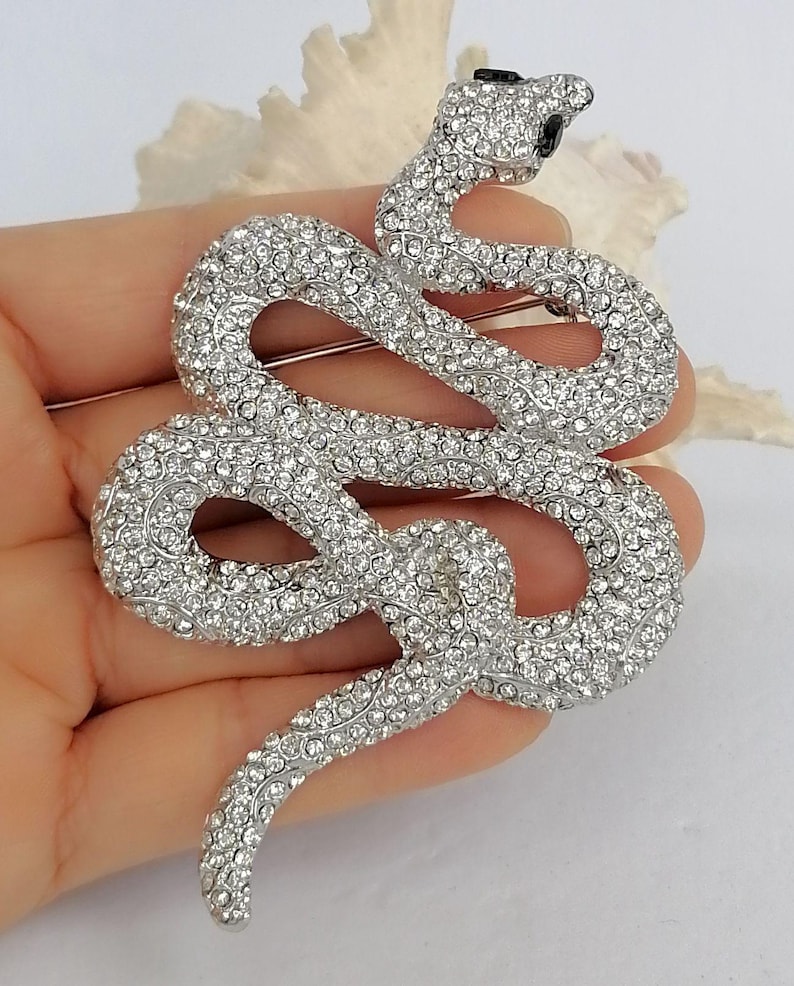 May include: A silver-coloured snake brooch, covered in clear crystals. The snake is coiled, with its head raised and a black accent for the eye. The brooch is designed to be worn as a fashion accessory.
