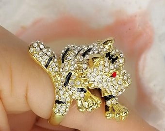 Rhinestone Crystal Tiger Head Wrap Ring Statement Ring Animal Jewelry