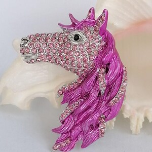 K&ouml;nnte beinhalten: Eine pinkfarbene und silberfarbene Brosche in Form eines Pferdekopfes. Der Pferdekopf ist mit rosa Strasssteinen besetzt, mit einer silberfarbenen Metallnase und einem Auge. Die M&auml;hne ist leuchtend pink mit Strassakzenten.