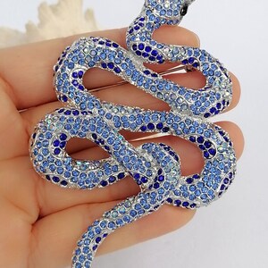 May include: A silver snake brooch, adorned with blue rhinestones in various shades. The snake's head is black, and the body is coiled. This decorative brooch is a striking piece of jewellery.