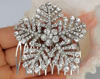 Art Deco Rhinestone Hair Comb, Silver Snowflake Crystal Bridal Hair Accessory