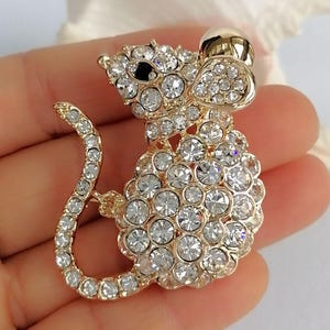 May include: A gold-toned mouse brooch encrusted with clear, sparkling crystals. The mouse has a rounded body, a long, curved tail, and a small, black eye. The brooch is designed to be worn as a decorative accessory.