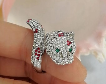 Strass Kristall Leopard Kopf Statement Ring Abschlussball Schmuck