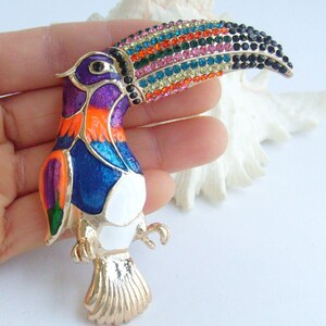 May include: A colorful toucan brooch with a gold-tone finish. The bird features a vibrant design with a rainbow-colored beak, purple head, orange chest, and blue body. The brooch is an eye-catching accessory.