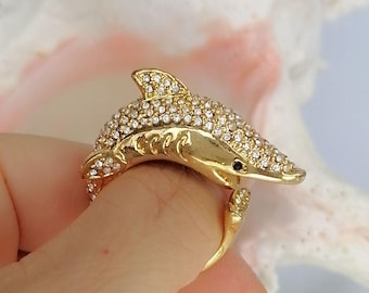 Rhinestone Crystal Golden Dolphin Statement Ring Animal Jewelry