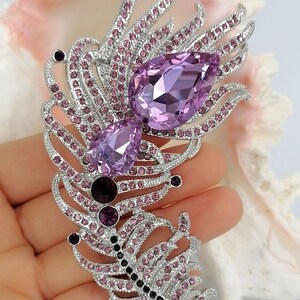 May include: A silver-toned feather brooch featuring two large, pear-shaped lavender crystals, accented with smaller round pink crystals and a row of dark purple stones along the central spine, creating a detailed and textured metallic design.