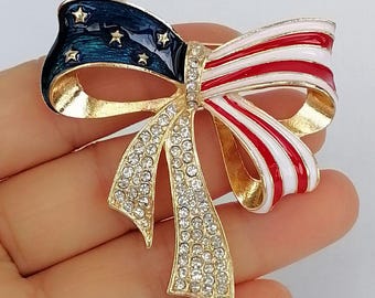 Rhinestone Crystal American Flag Bowknot Brooch Pin Costume Jewelry