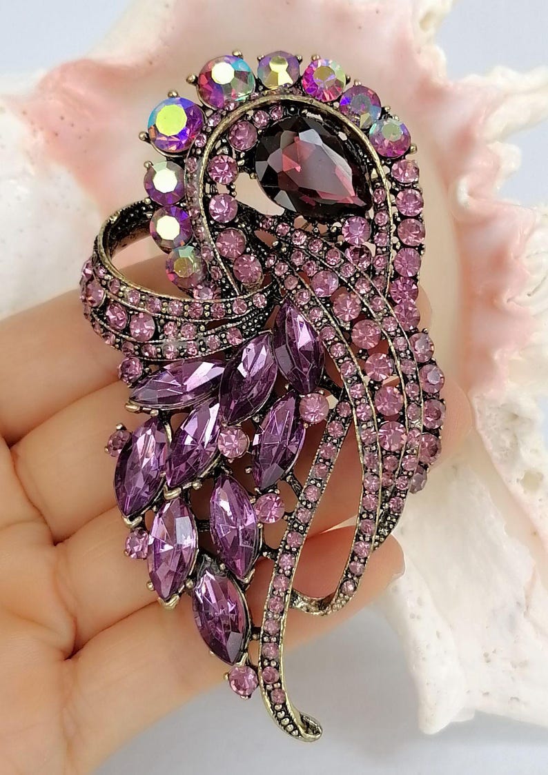 May include: A decorative brooch featuring a dark purple pear-shaped center stone surrounded by smaller light purple round crystals and deep purple marquise-cut stones. The metal setting is an antique bronze tone with a curved, flowing design.