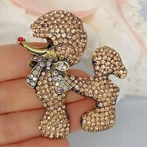 May include: A poodle-shaped brooch covered in light brown rhinestones. The dog figure features a small red rhinestone on its nose, a black rhinestone eye, and a decorative bow around its neck adorned with iridescent, multi-coloured crystals.