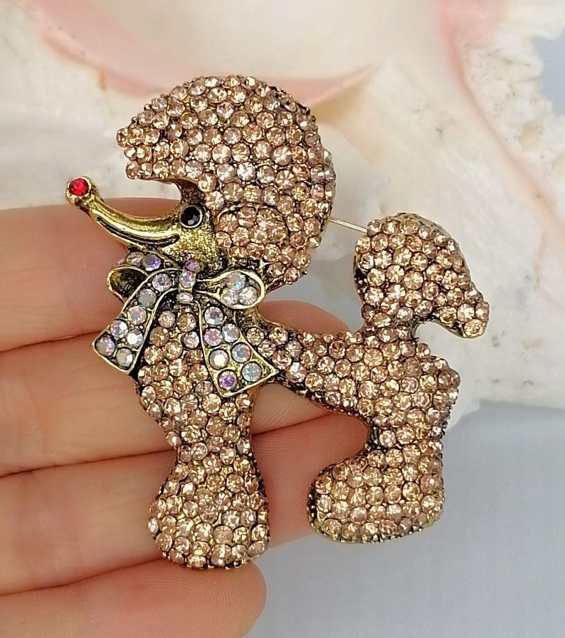 May include: A poodle-shaped brooch covered in light brown rhinestones. The dog figure features a small red rhinestone on its nose, a black rhinestone eye, and a decorative bow around its neck adorned with iridescent, multi-coloured crystals.