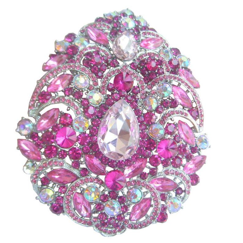 Rhinestone Crystal Large Heart-shaped Teardrop Brooch Pin Prom Wedding Costume Jewelry Silver-tone Pink