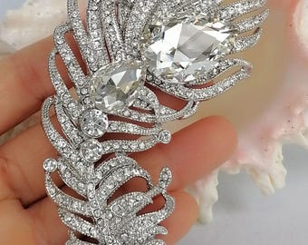 Rhinestone Crystal Elegant Teardrop Feather Brooch Pin Wedding Prom Costume Jewelry