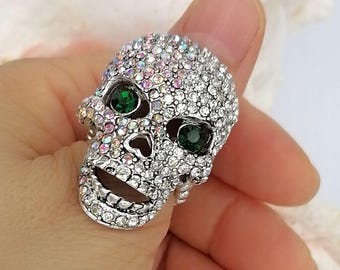 Rhinestone Crystal Adjustable Skull Ring - Free-Size Statement Jewelry