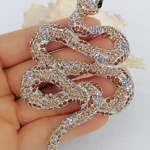 May include: A silver snake brooch adorned with brown, orange, and pink rhinestones. The snake's head has a black stone eye. This decorative brooch is designed to be worn as an accessory.