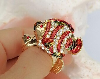 Colorful Enamel Fish Ring, Crystal Statement Ring, Animal Jewelry, Unique Birthday Gift for Her