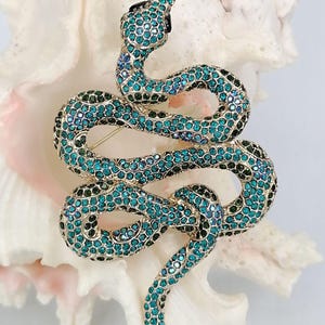 May include: A silver-tone metal snake brooch, adorned with teal and dark green rhinestones. The snake's head is black. This decorative brooch is designed to be a stylish accessory, adding a touch of glamour to any outfit.