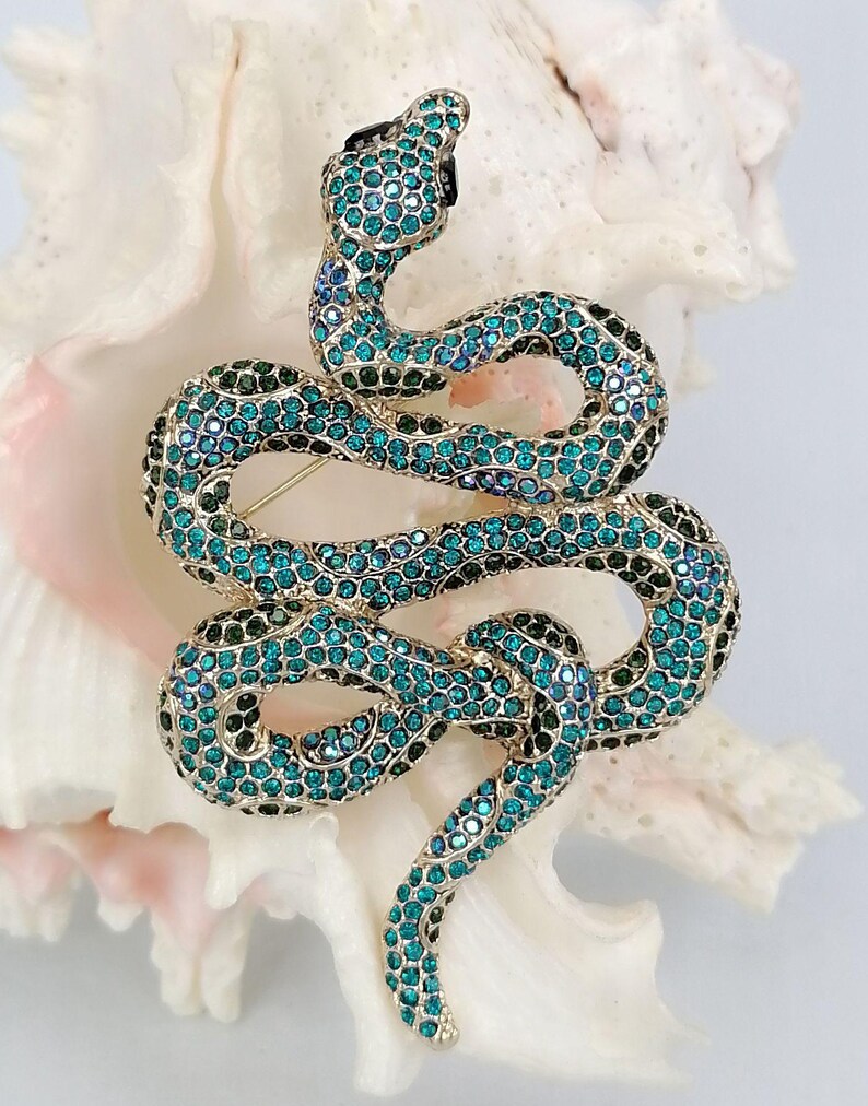May include: A silver-tone metal snake brooch, adorned with teal and dark green rhinestones. The snake's head is black. This decorative brooch is designed to be a stylish accessory, adding a touch of glamour to any outfit.
