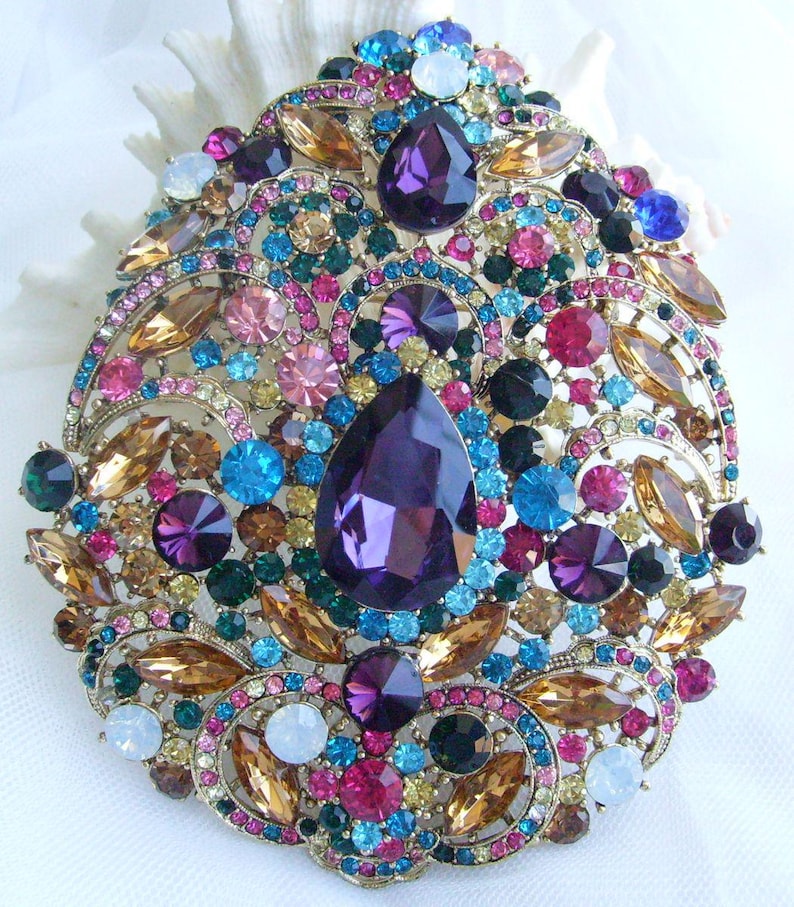 Rhinestone Crystal Large Heart-shaped Teardrop Brooch Pin Prom Wedding Costume Jewelry Gold-tone Multicolor