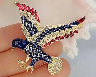 Strass Kristall Blau & Rot Emaille Adler Brosche Pin Modeschmuck