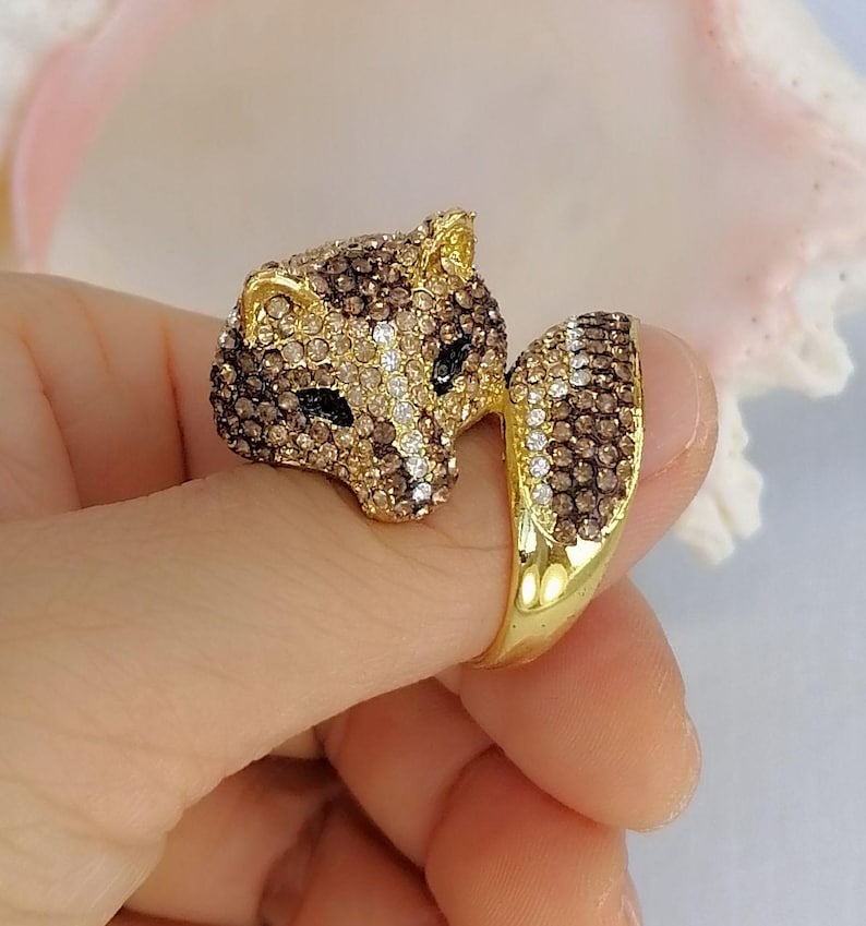 Anello avvolgente con volpe e strass, anello di tendenza Beige Fox Ring 8#
