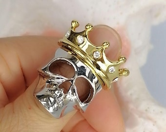 Hollow Eye Silver Skull Ring with Gold Crystal Crown Statement Gothic Jewelry