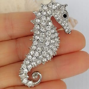 May include: A silver-toned seahorse brooch encrusted with clear, sparkling rhinestones. The seahorse has a detailed design, including a small black eye. The brooch is a decorative accessory.