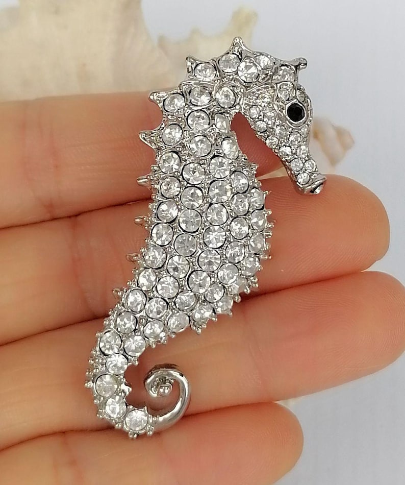 May include: A silver-toned seahorse brooch encrusted with clear, sparkling rhinestones. The seahorse has a detailed design, including a small black eye. The brooch is a decorative accessory.