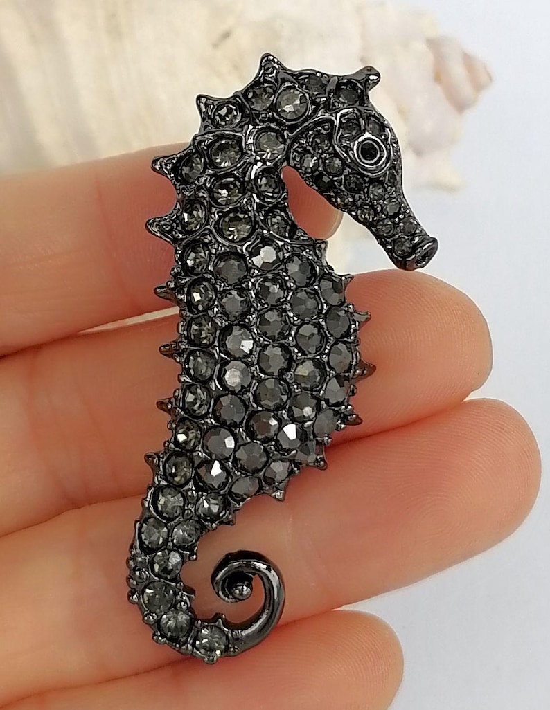 May include: A seahorse-shaped brooch in dark gray, encrusted with small, sparkling crystals. The brooch has a detailed design, including a curled tail and a textured body. The seahorse is a unique accessory for jackets, bags, or scarves.