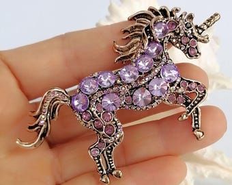 Rhinestone Crystal Animal Unicorn Horse Brooch Pin Costume Jewelry