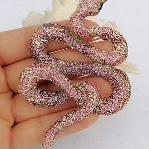 May include: A pink and gold snake brooch. The brooch is encrusted with pink rhinestones and has a black rhinestone eye. The snake is coiled and has a gold-coloured metal base. The brooch is a decorative accessory.