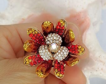 Vintage Style Rhinestone Floral Ring, Statement Flower Ring, Cocktail Ring, Glamorous Party Jewelry