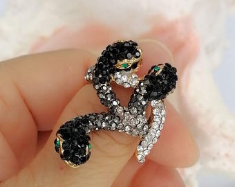 Amulet Snake Wrap Ring, Black Pave Crystal with Green Eyes, Mystical Jewelry