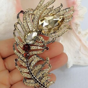 May include: A gold-toned metal brooch shaped like a feather, encrusted with numerous small clear rhinestones. It features two large, faceted, teardrop-shaped champagne-colored crystals and several smaller, round, deep red crystals along the central spine.