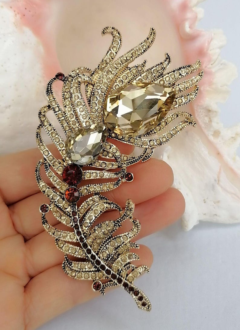 May include: A gold-toned metal brooch shaped like a feather, encrusted with numerous small clear rhinestones. It features two large, faceted, teardrop-shaped champagne-colored crystals and several smaller, round, deep red crystals along the central spine.