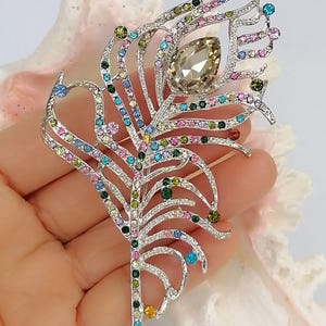 May include: A silver feather brooch, intricately detailed with a variety of colourful gemstones. The brooch features a large, teardrop-shaped central stone and is embellished with smaller gems in pink, green, blue, and yellow.