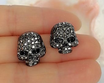 Black Rhinestone Crystal Skull Stud Earrings - Gothic Punk Jewelry for Women and Men
