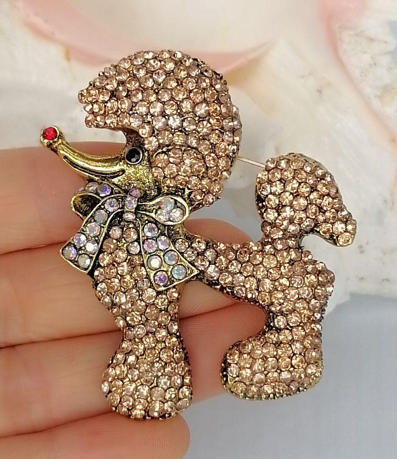Rhinestone Crystal Animal Poodle Brooch Pin Daily Prom Costume Jewelry Gold-tone Beige