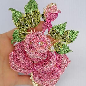 Rhinestone Crystal Large Rose Flower Brooch Pin Costume Jewelry