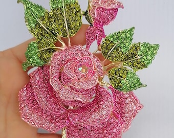 Rhinestone Crystal Large Rose Flower Brooch Pin Costume Jewelry